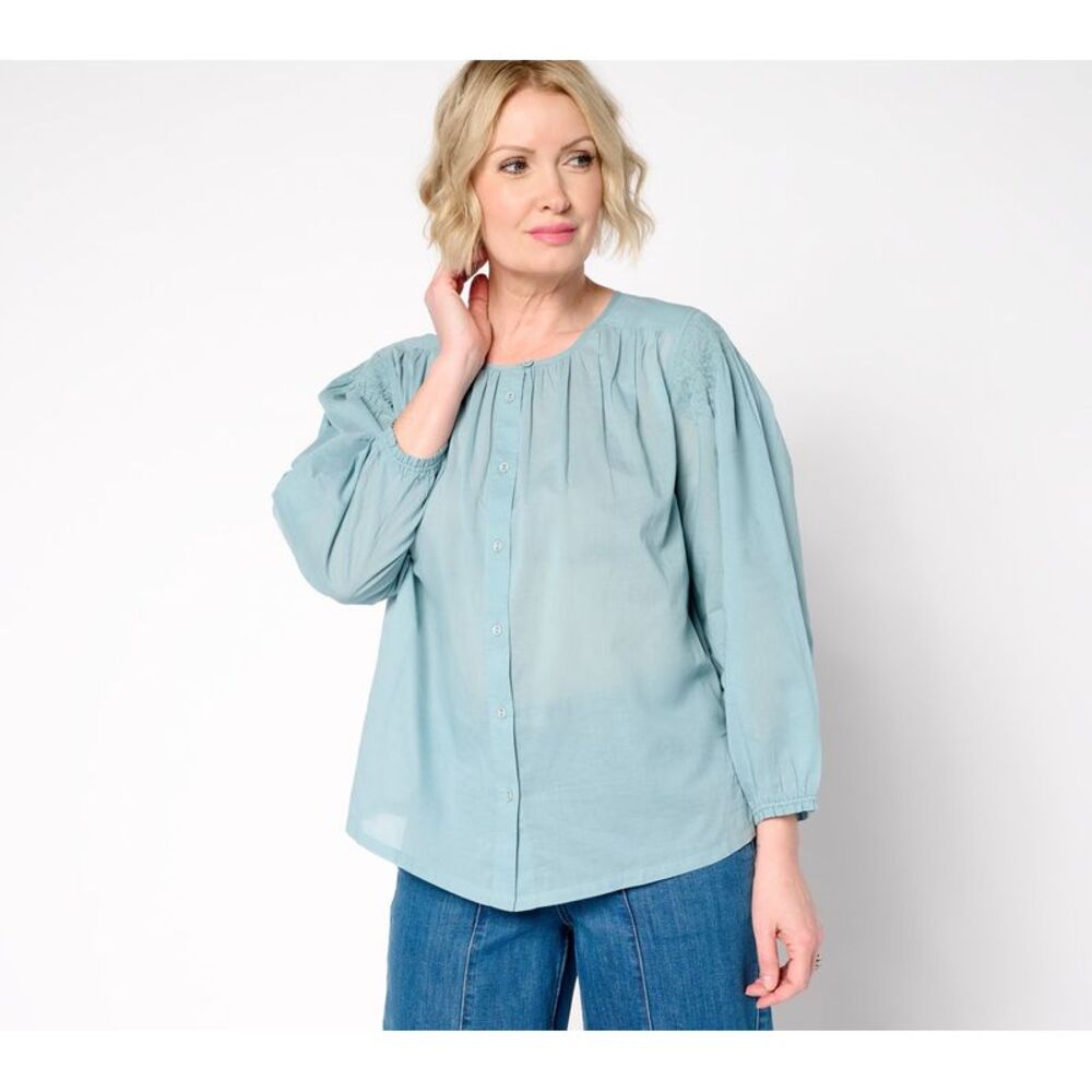 LEGO Women's Top Sz S 100% Cotton Button-Front Shirred Blouse Blue